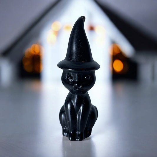 Cat In Hat - Black Obsidian Crystal Carving