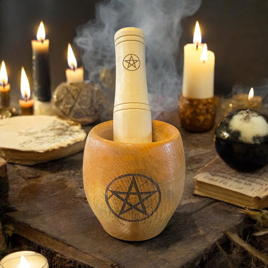 Wooden Mortar & Pestle Set - Pentagram, Tripple Moon Goddess Design - Alter Items